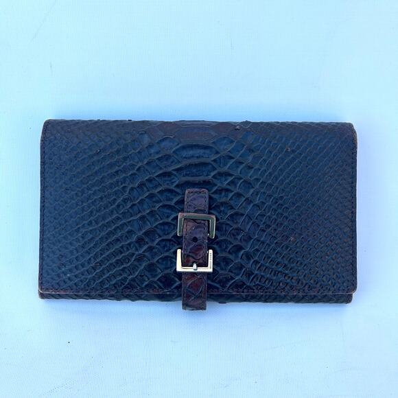 Hugo Boss Vintage Brown Croc-Embossed Tri-Fold Clutch Wallet Billfold Buckle - Picture 2 of 12